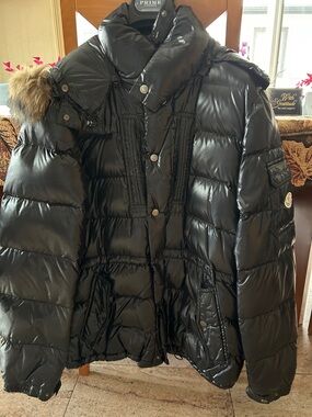 Moncler Glossy Black Quilted Down Puffer Coat with Fur Trim